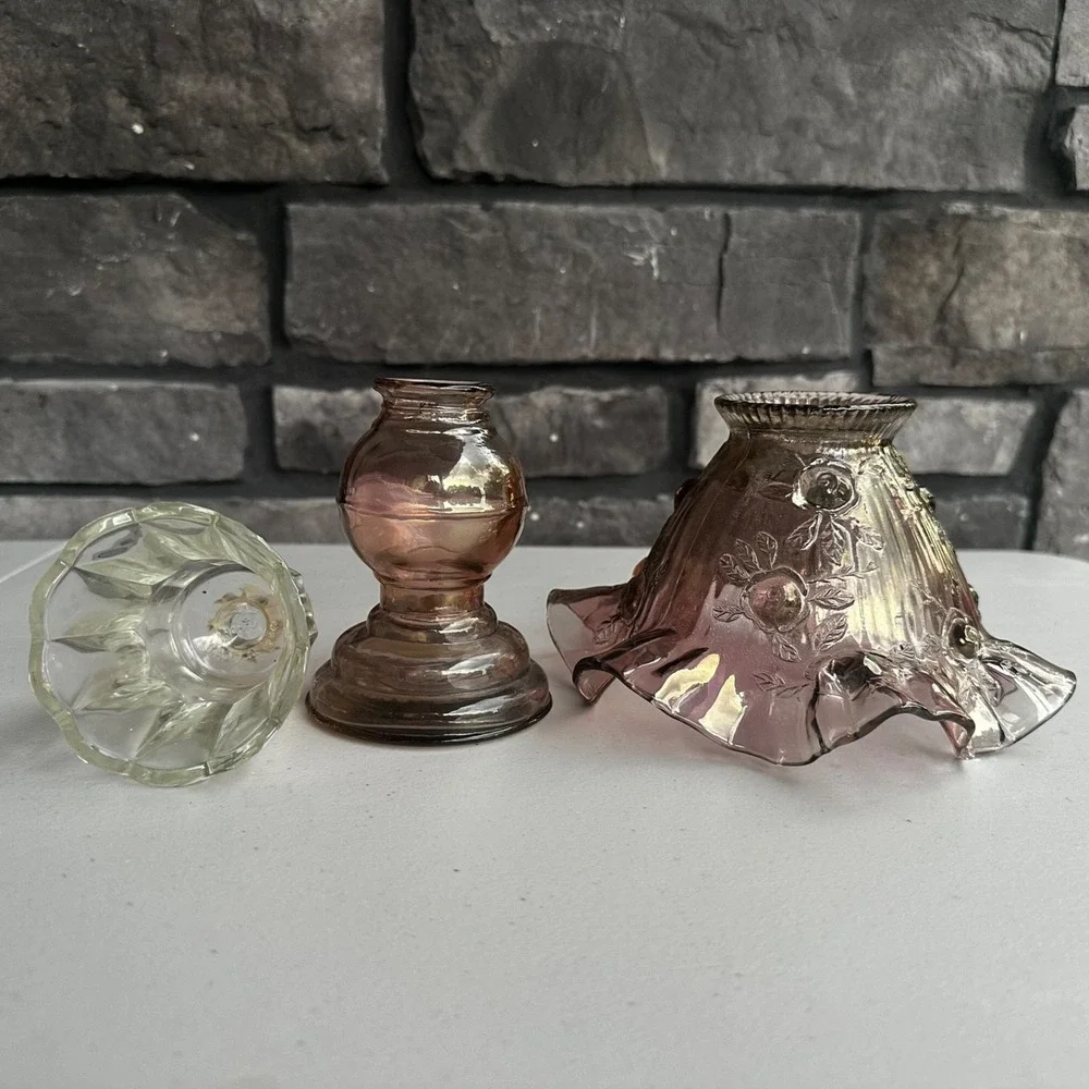 Vintage Fenton Cabbage Rose Glass Fairy Lamp Light Amethyst - 3 Piece - Cottage